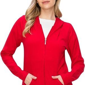 LUVAGE Women's Lightweight Sim-Fit Cotton Long Sleeve Zip-Up Hoodie Jacket Red